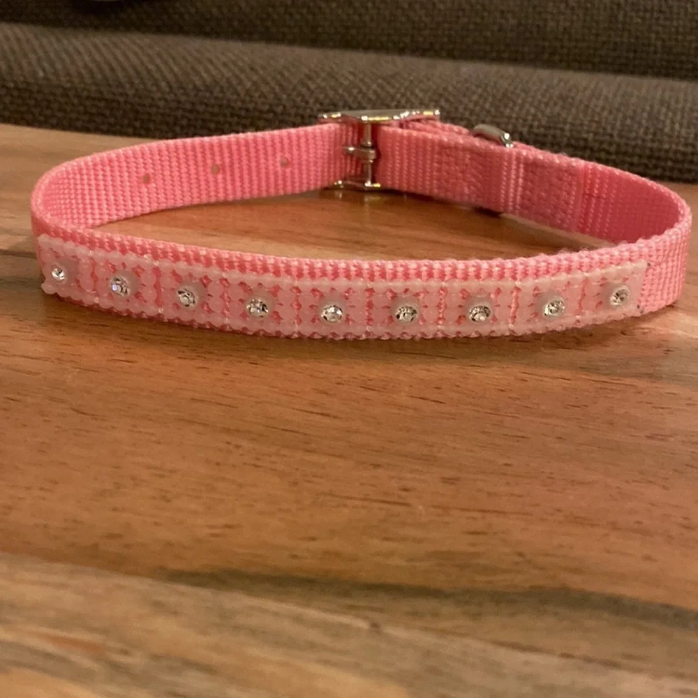 Pink rhinestone dog cat collar silver metal buckle 16” long laying flat S/M pet‌